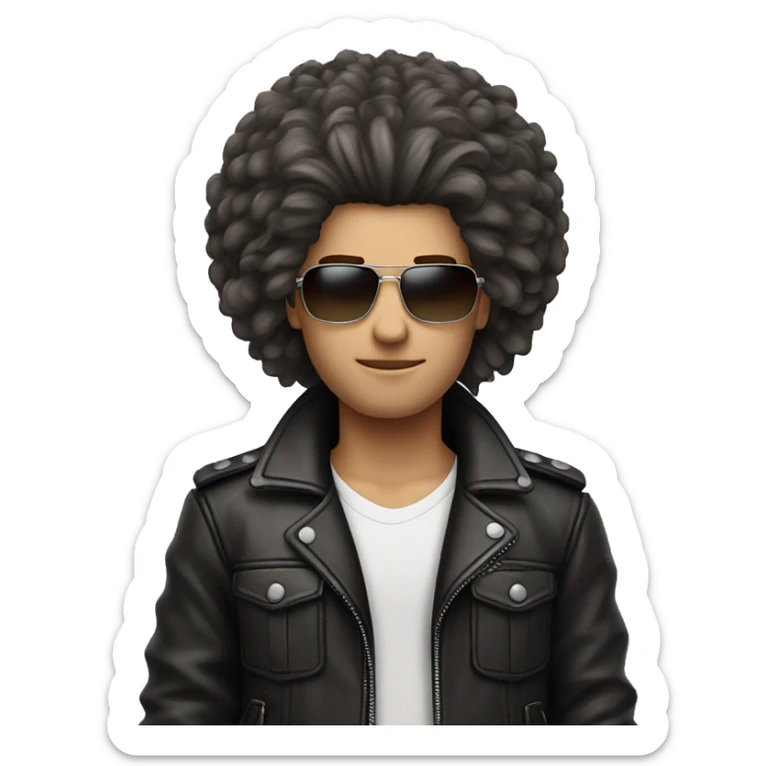 Big hair straight, white face colour, slender face, eyes look like as he’s high, cool leather jacket with cargo pants and accessories sticker