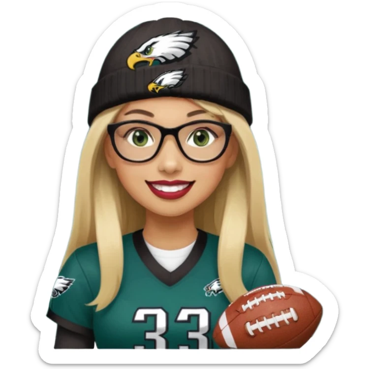 full length women wearing eagles uniform, long straight blonde hair, bangs, green eyes, black rectangle glasses, holding football, number 33, smiling, lipstick, eagles beanie sticker