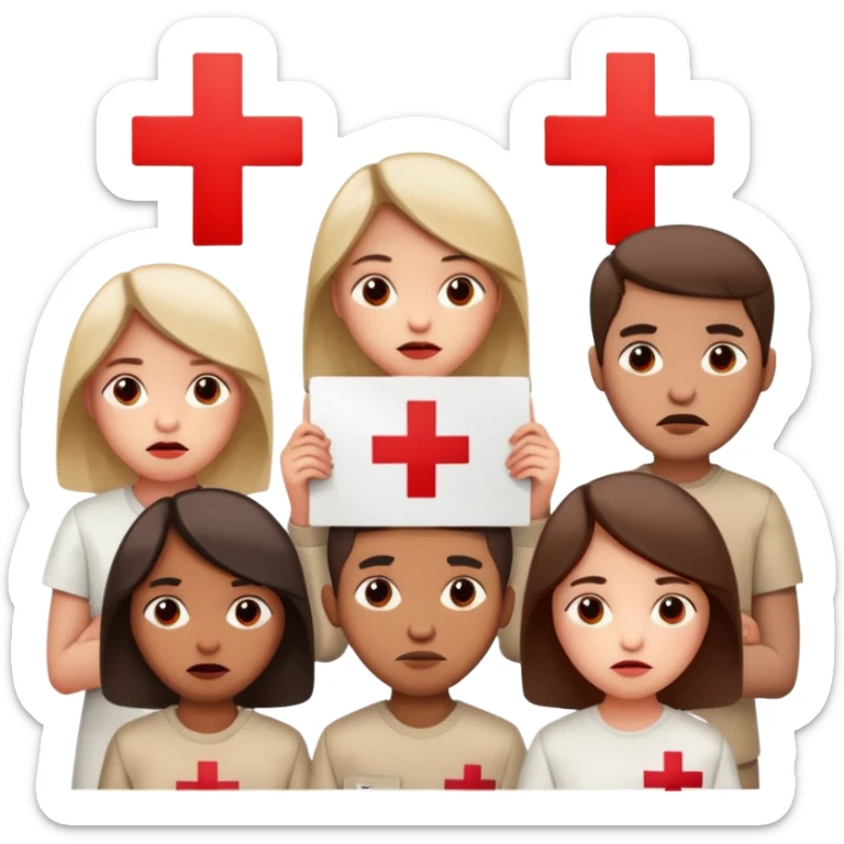 a crowd of people with unhappy faces, holding posters with a red cross painted on them sticker