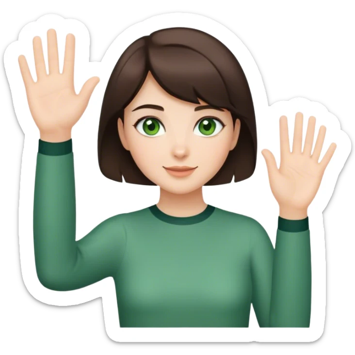 brunette girl with short hair and green eyes waving greeting sticker