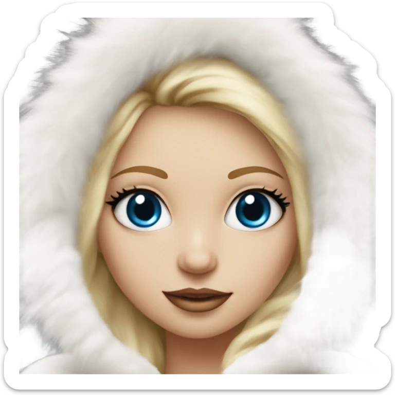 Beautiful Girl with lashes and blue eyes, blonde hair, in a extremely big fluffy oversized white fur coat with hood on. The fur is real and it’s very obvious big and fluffy  sticker