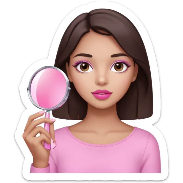 A dark brown hair beautiful eyes medium skin tone of girl carrying a pink mirror to her self and have lip stick on one of her hand look like pink pastel the packaging similar to Rhode lip  sticker