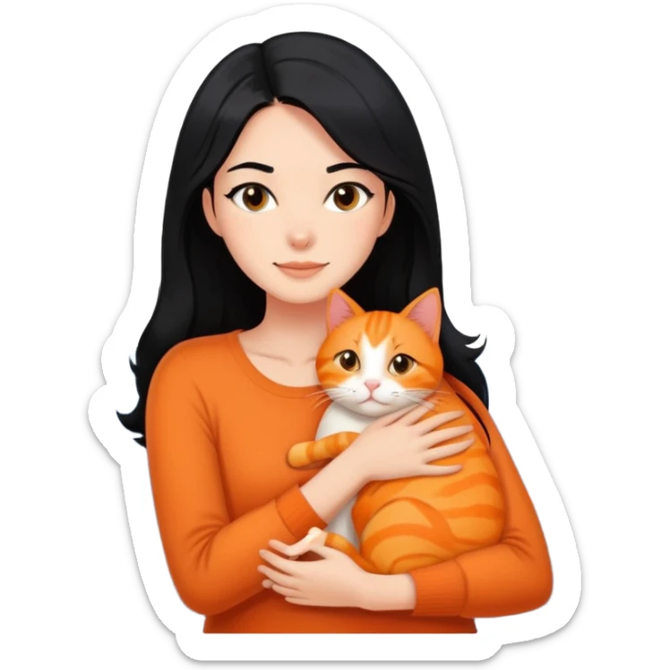 Shoulder length black hair woman hugging orange cat with living room background sticker