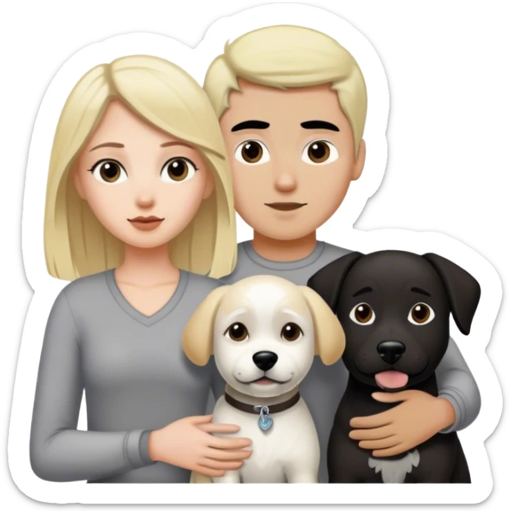 Blond white girl with dark black guy black hair and 1 dog medium size white and gray and 1 dog large dark brown and white sticker