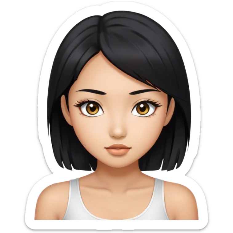 a black hair, tan skin, asian girl, vvery attractive eyes with long lashes，The full head should show.half-length phoor portrait，She's wearing a white to p sticker