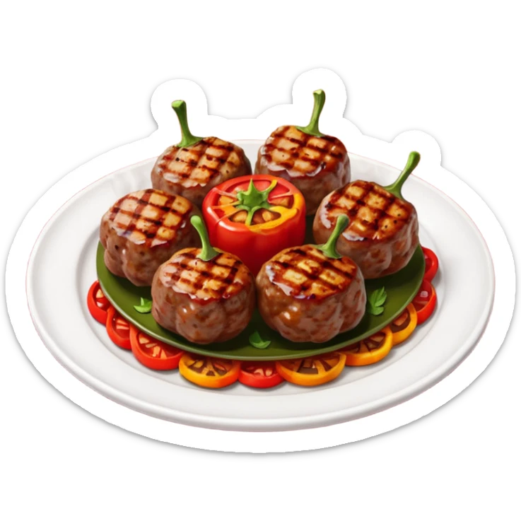 Akçaabat meatballs object icon, grilled Turkish kofte pieces on a plate, smoky char marks, juicy texture, served with grilled peppers and tomatoes, 3D cartoon, mobile game icon style, centered, clean background, no text, no watermark
 sticker