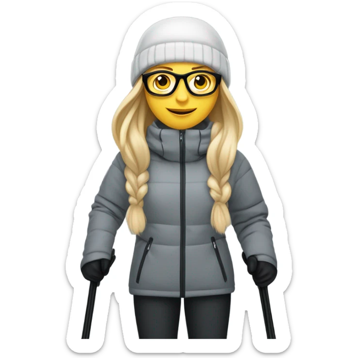 slightly chubby full female skier with long straight blonde hair, glasses, grey snow jacket, black pants and black skis. no poles. show full body from the top of the head to the boots front on without braids in hair. sticker