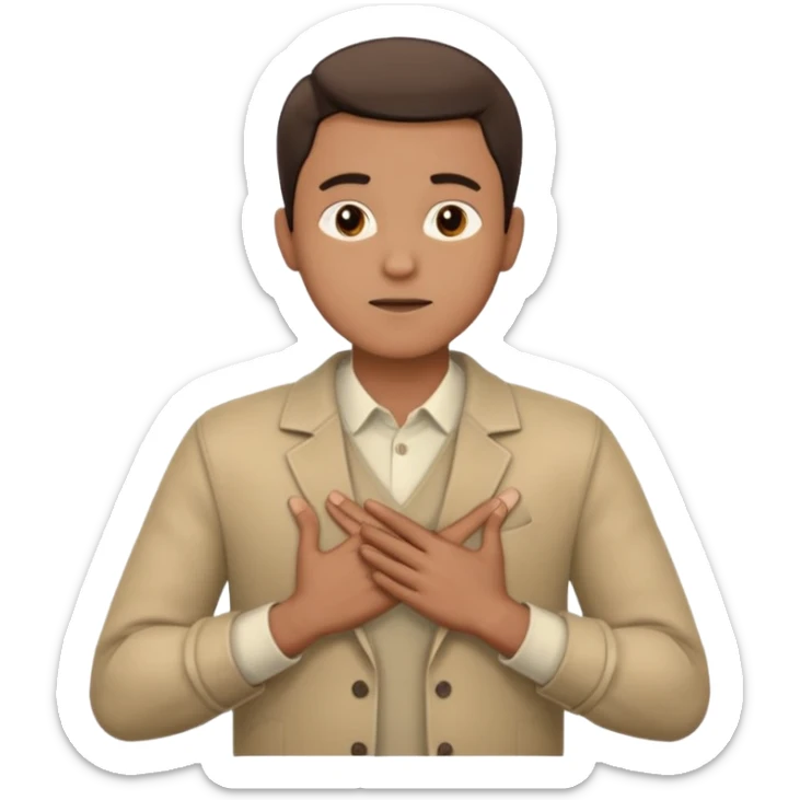 un hombre con las dos manos en el pecho, con las palmas de las manos abiertas. con ropa sticker