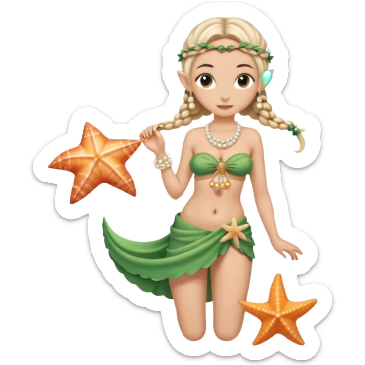 female elf in seashell bikini top, sarong skirt, braided hair with pearls. Holding starfish sticker