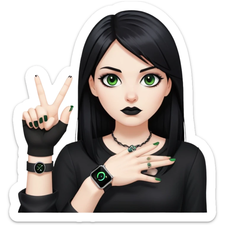 white girl, dark hair, goth style, straight hair, green eyes, without lipstick, shows rock gesture,  apple watch on hand sticker