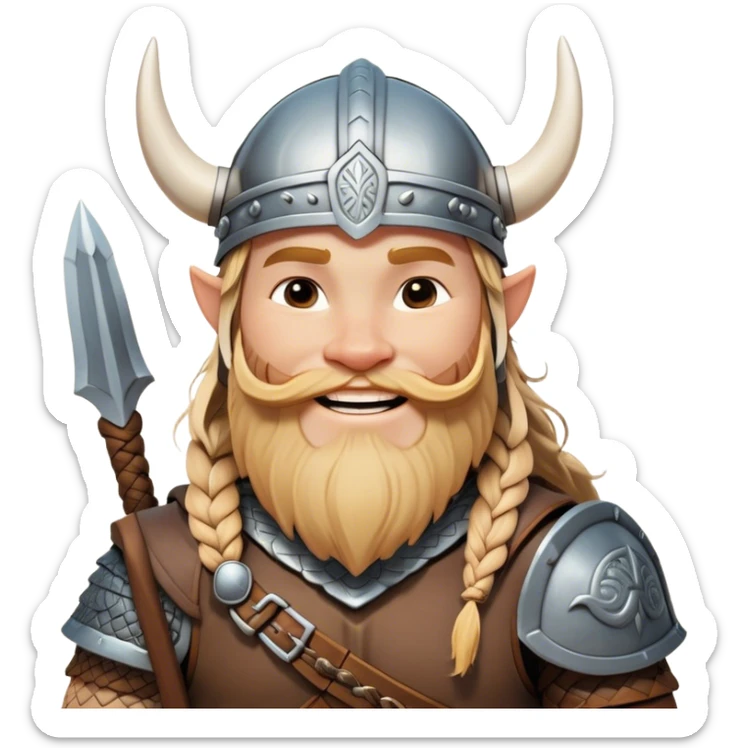 Clash of Clans aesthetic: Cinematic Cheerful Viking Portrait Emoji, With a bright, confident smile and a relaxed, adventurous stance, showcasing a stylized, spirited build with a classic Viking helmet and braided hair, his natural skin tone lending authenticity, Simplified yet expressive features, highly detailed, glowing with a soft, golden Nordic radiance, high shine, upbeat and courageous, stylized with an air of classic Viking heroism, soft glowing outline, capturing the essence of a cheerful Viking ready to embark on legendary quests! sticker