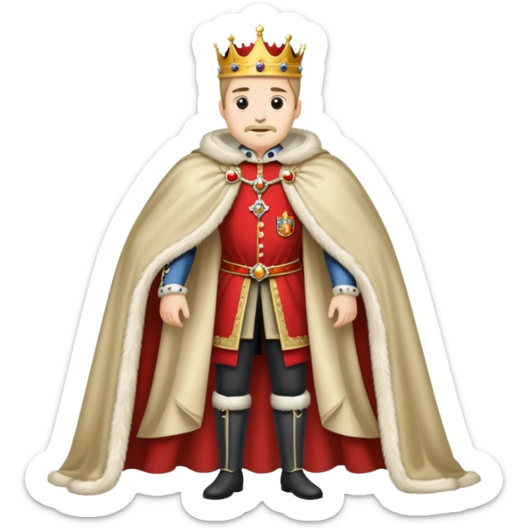 Full body of Carlos I of Spain, Habsburg king standing in royal attire with crown, cape, and prominent jaw sticker