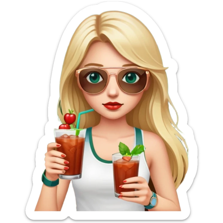 girl with long blond hair
with blue eyes
and aviator sunglasses
wearing white tank top 
holding bloody mary
wearing (rose gold apple watch with forest green band) sticker