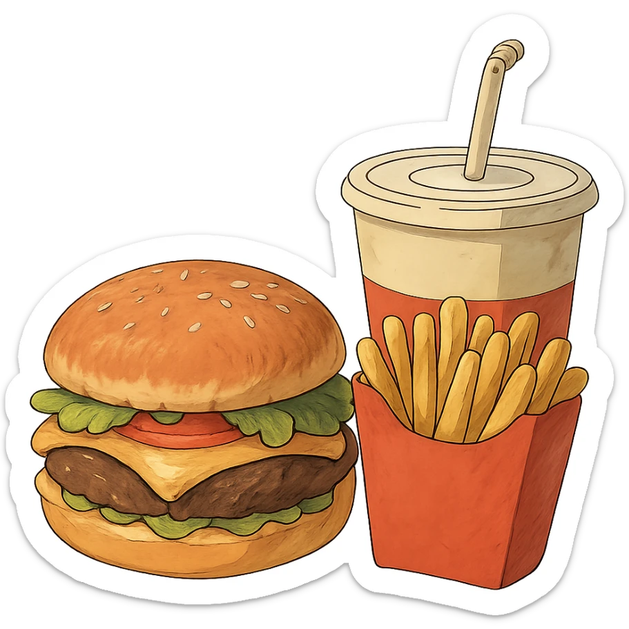 ghibli style burger meal set with fries and drink sticker