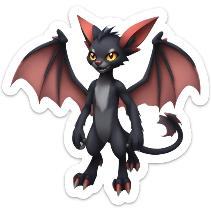 Black cool vampiric Noivern-Litten-Lykoi-Caracal-Fakemon with big bat ears full-body sticker