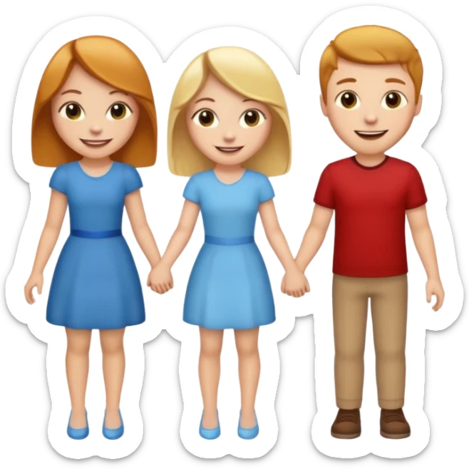 3 emojis holding hands, ginger white girl on the left, brunette white man in the middle, blonde white girl on the right sticker