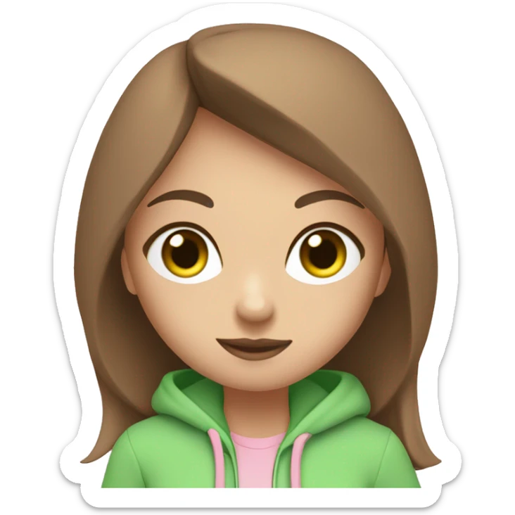 a girl with brown long hair, fair skin, green eyes, is working relaxed at a modern laptop in a monochrome pale pink zip hoodie with a hood and a pink monochrome T-shirt sticker