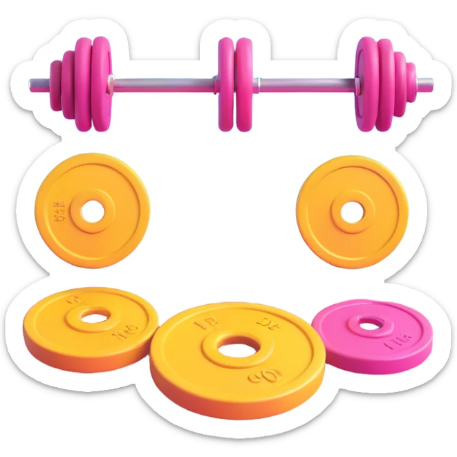 Barbell with weight plates gym equipment floating in the air, bright colors sticker