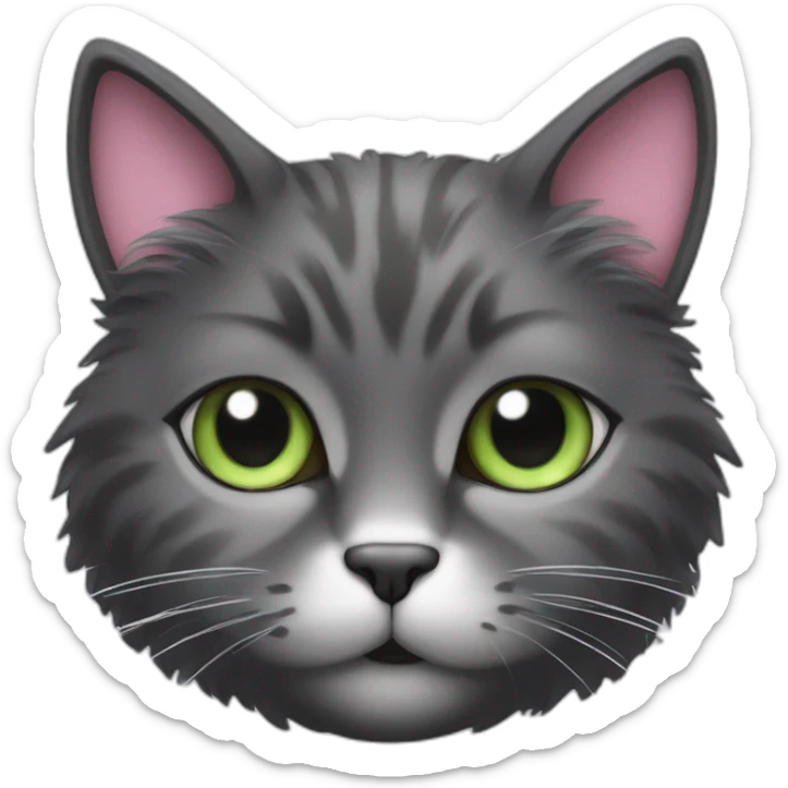 fluffy dark grey cat with white spots near the pink nose, green eyes and white long whiskers sticker