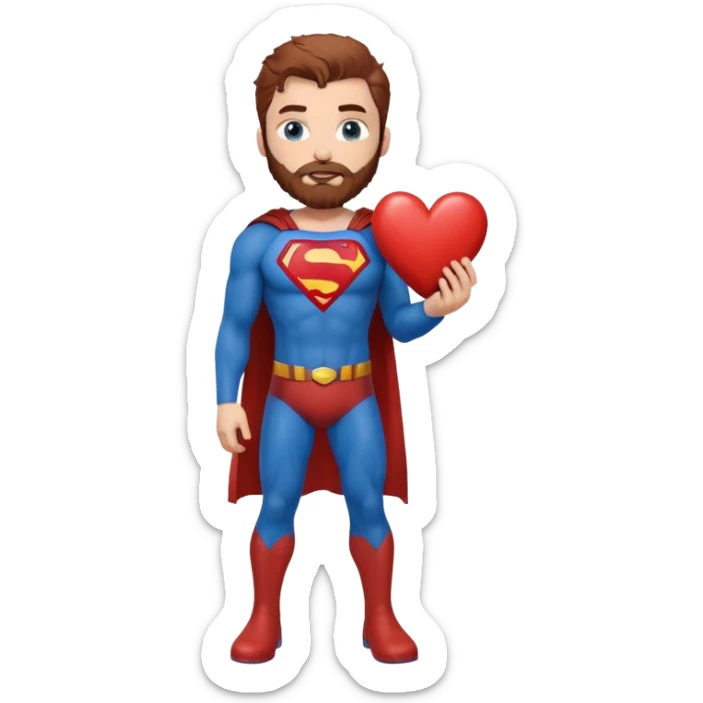 Adult-tall-full body- Superman-with redish brownish messy hair-full neatly trimmed beard-blue eyes-holding a heart  sticker