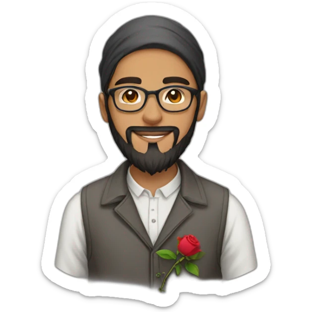 A Muslim bearded teenager wearing glasses with a rose and a letter sticker