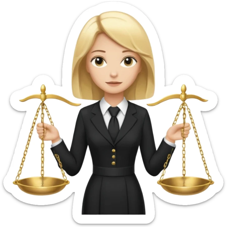 woman lawyer blanche et blonde avec des cheveux mi-long; elle est habillée avec une longue robe noire et une cravate blanche; elle porte la justice sticker