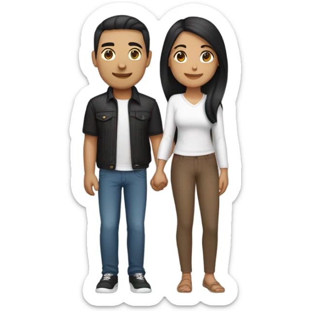 a couple holding hands. the guy has black middle part hair and is Persian and Filipino mix, wearing a jacket. the girl has brown medium length hair white and asian mix, wearing a crop top. sticker