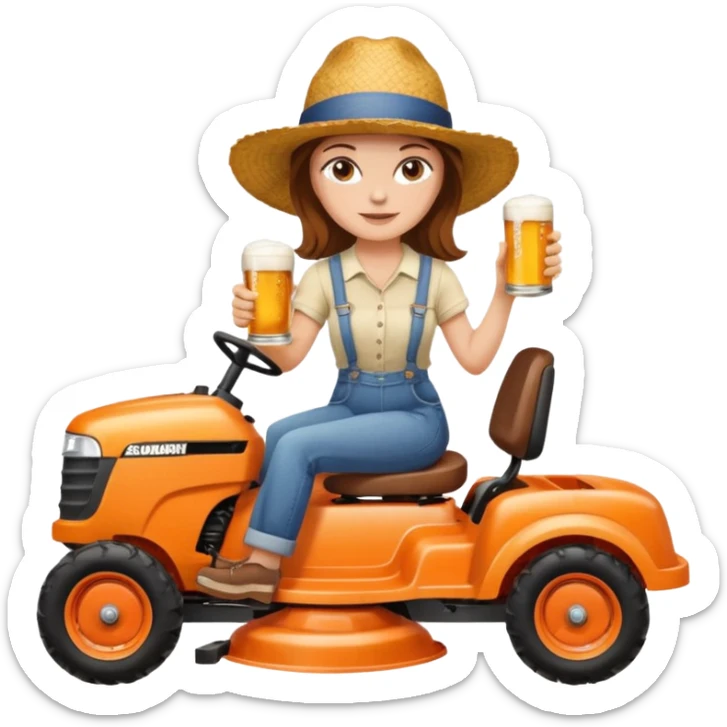 White woman with brown hair, without glasses wearing a straw hat, on old orange ride on lawn mower, holding a beer sticker