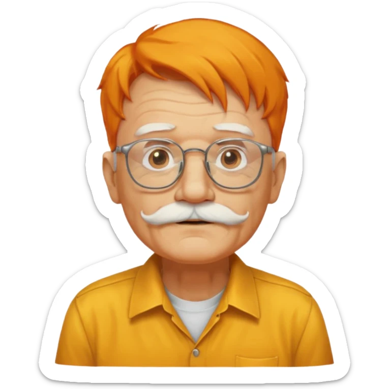 old man, orange hair, white mustache, wearing glasses, wearing a yellow shirt sticker
