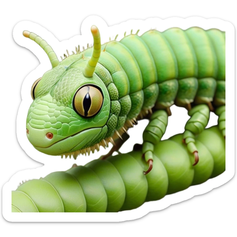 Cinematic Realistic Noble Caterpillar Portrait Emoji, Poised and serene, with a slender, segmented body covered in vivid, detailed green scales accented by subtle natural patterns, and a tiny, focused face with delicate, inquisitive eyes, rendered with lifelike texture and soft natural lighting, high shine, intelligent and delicate, styled with an air of woodland elegance, focused and attentive, soft glowing outline, capturing the essence of a watchful and confident looper caterpillar that appears ready to inch gracefully out of the screen with natural authority! sticker