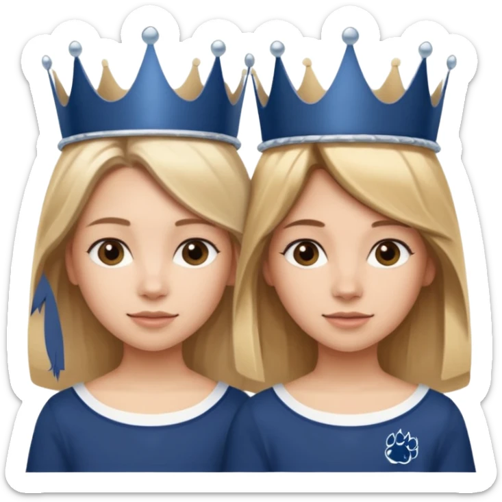 Two girls. One with shoulder length blond hair and one with long brown hair. They have princess crowns on their heads. They have Penn state shirts sticker