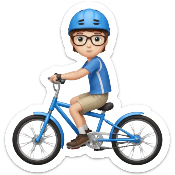 12 year old boy with short brown hair and a fringe, round glasses, blue eyes, riding a blue bike, wearing a red helmet sticker