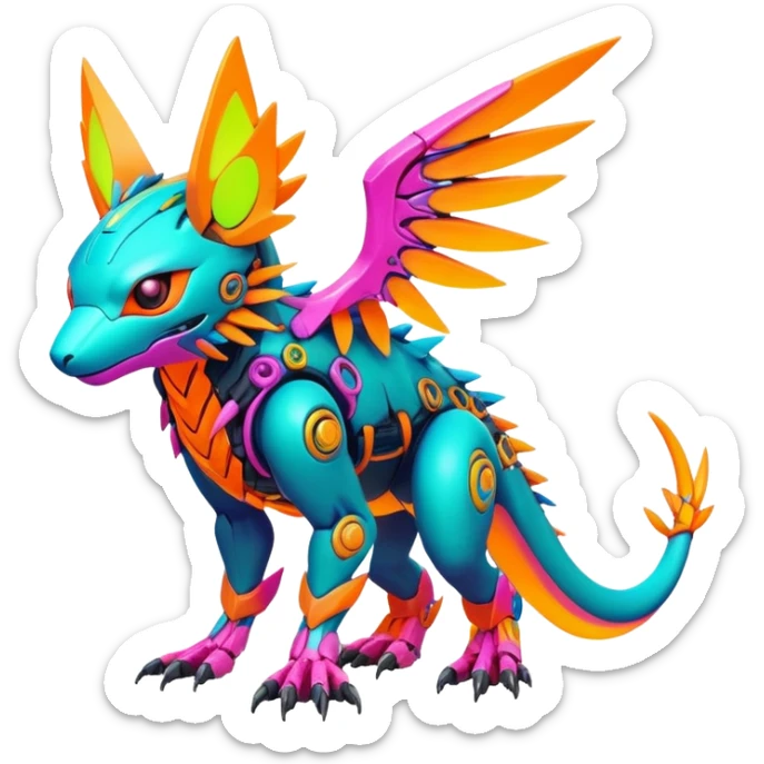 Tropical futuristic lush warm-colored modern colorful neon-colored cyber-Fakémon-Digimon-Trico-creature sticker