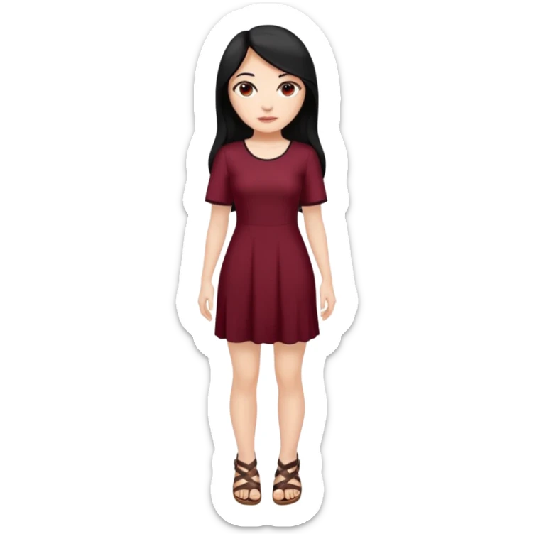 Chica blanca ,ojos marrones, vestido granate largo sexy manga corta,  cuerpo entero pelo negro y largo sandalias sticker