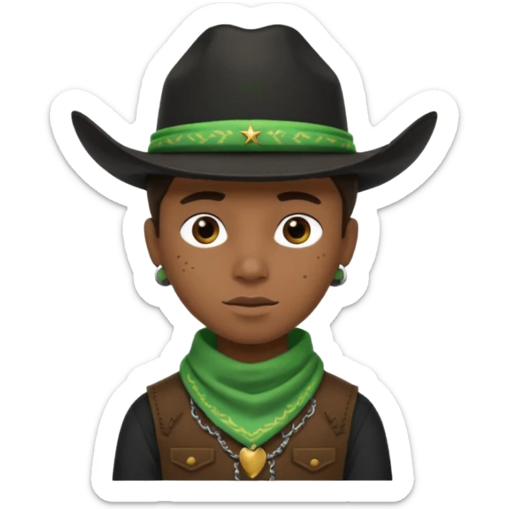 Black boy in black top wearing a black cowboy hat with green bandana around his neck sticker