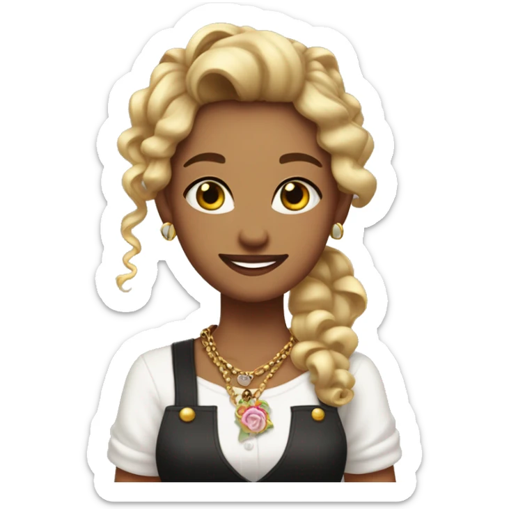 Waitress with white shirt and black apron, curly dirty-blonde hair in a pony tail, hazel eyes, LOTS of bohemian jewelry and bracelets  sticker