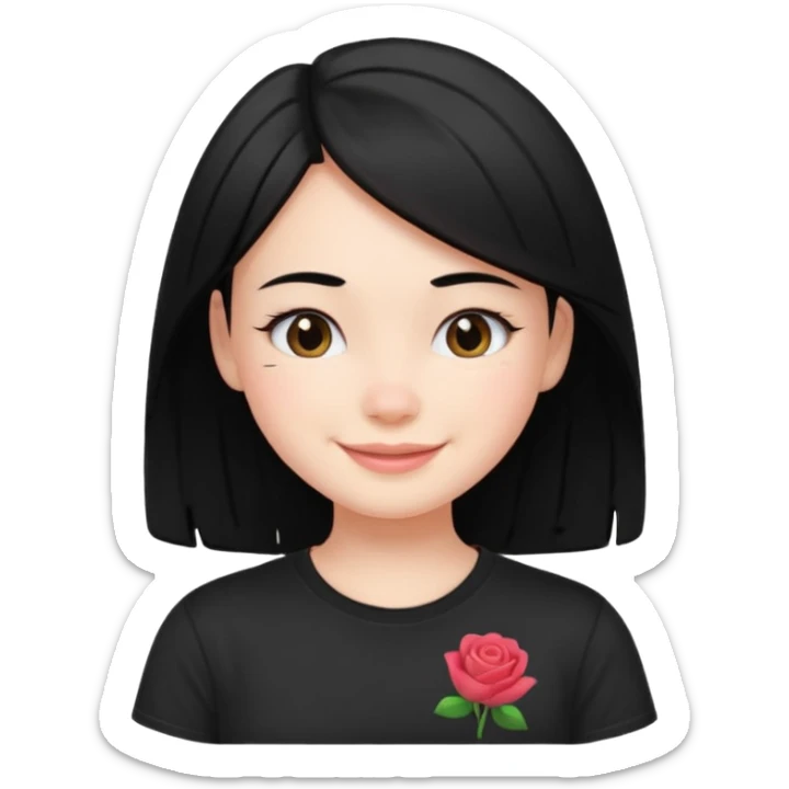 a pretty bratz fair girl with straight black hair, wearing a black tshirt, smiling sticker