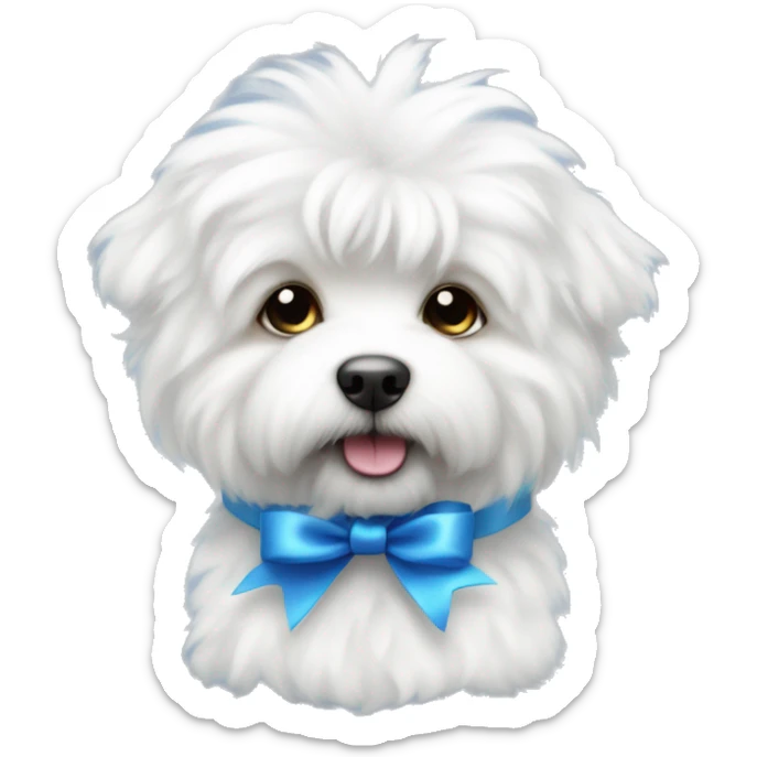 White fluffy bishon frize cute dog whit blue ribbon  sticker