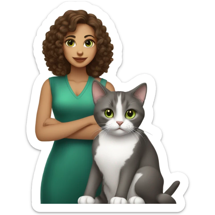 Brown curly hair latina girl with brown eyes holding a grey tuxedo cat with green eyes sticker