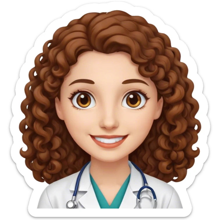 smiling doctor woman, brown eyes, white skin,  long brown curly hair sticker