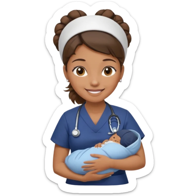Female nurse smiling wearing no hat with her hair tied up in a roll on the top front of head with medium brown skin and brown eyes holding one new born with navy blue short sleeves sticker