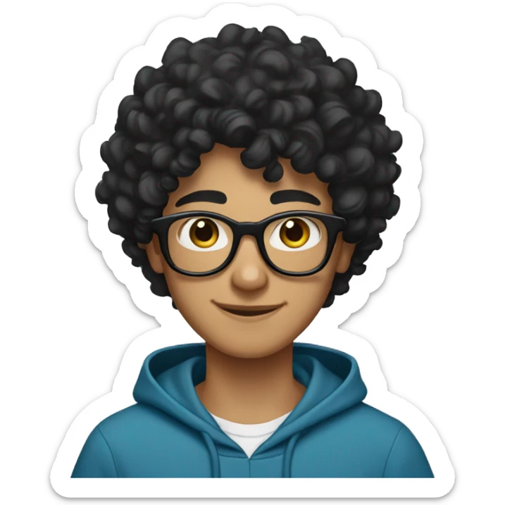 Cheerful Pakistani teenage boy with black curly hair and black glasses. He's wearing a blue hoodie. sticker