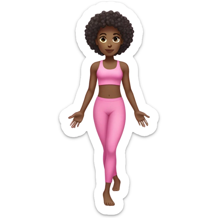 Black girl with curly long dark brown hair doing Pilates in a pink outfit sticker