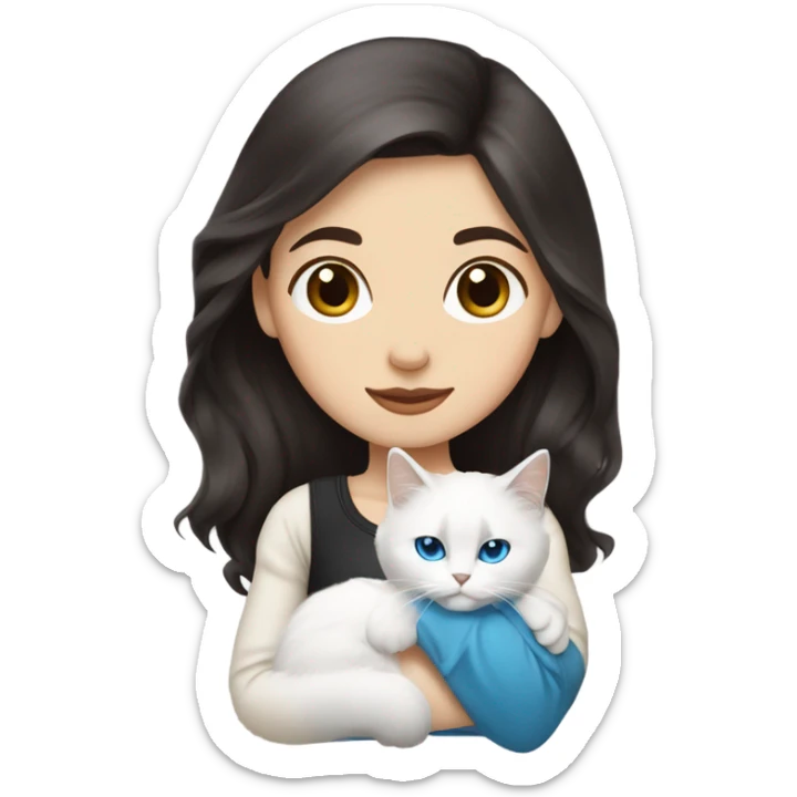 woman with dark hair and holding a all white Siberian cat with blue eyes sticker