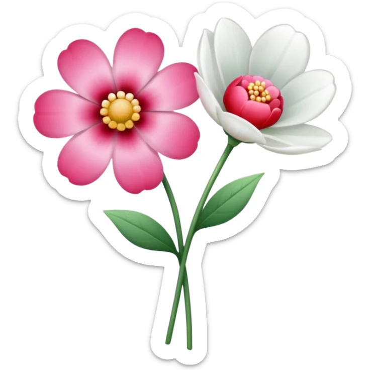 One pink flower and one white flower in transparent bouquet with red band  sticker