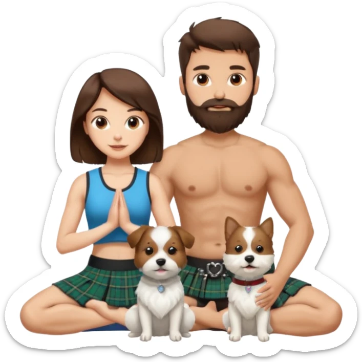 emoji of brunette man with beard wearing kilt, brunette woman in yoga outfit and one white fluffy dog sticker