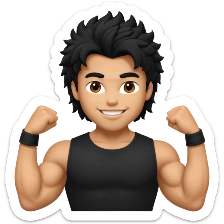 a pretty bratz guy with black hair with big muscles and shaggy hair in a tight black tee smiling sticker