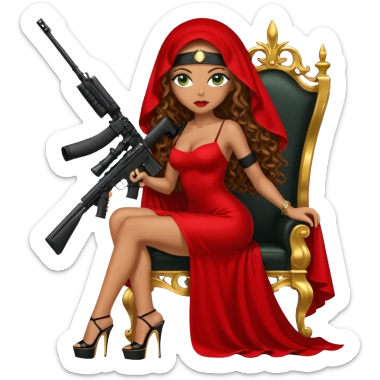 Drug dealer female green eyes symbol.  hair is brown curly long hair. sexy long with long red and black dress and face veil on that covers her mouth only. black stiletto platform high heels shoes on. Holding sniper rifle sitting on a gold throne. sticker