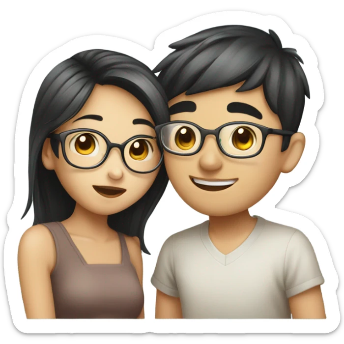 Pretty Asian girl kissing Asian boy with glasses on cheek sticker