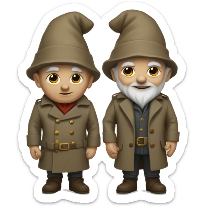 two short gnomes wearing a trenchcoat to look like one tall person sticker